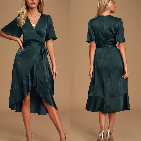 Lulus Dresses & Skirts - Lulus Wrapped Up In Love Dark Green Satin Faux-Wrap Midi Dress Sz S